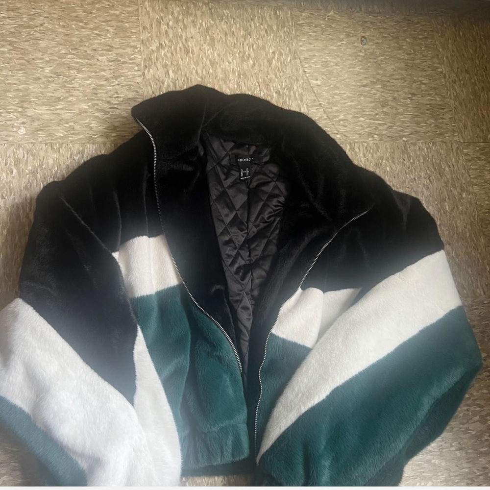 H&M Black and Green Faux Fur Jacket